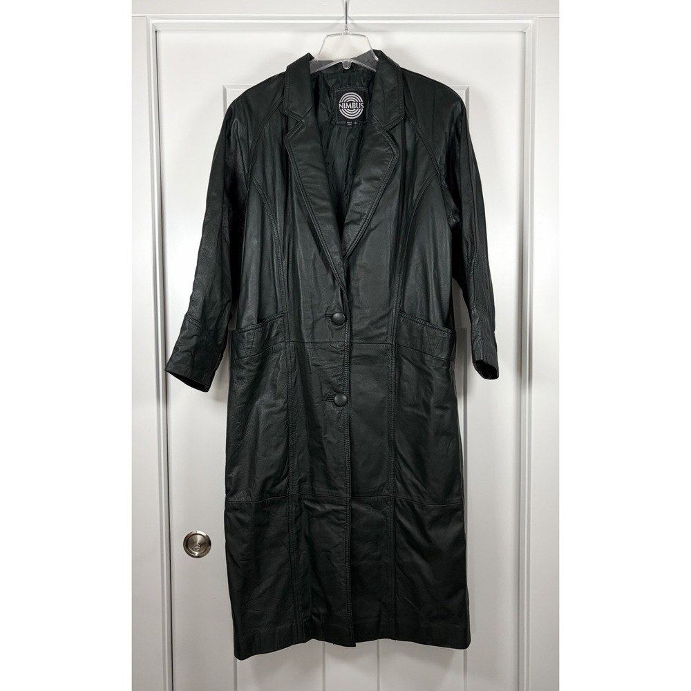 Vintage Nimbus Women's S Green Leather Trench Coat Long Jacket Button Front 80s